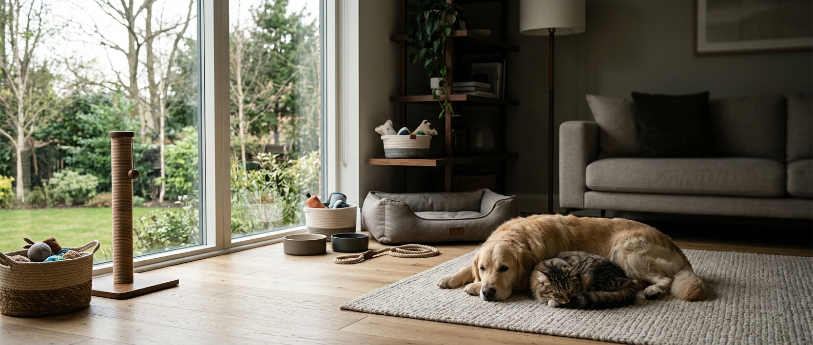 Happy dog and cat resting in a calm home with practical pet gear